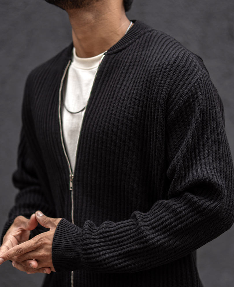 black-knit-regular-fit-full-sleeves-bomber-jacket