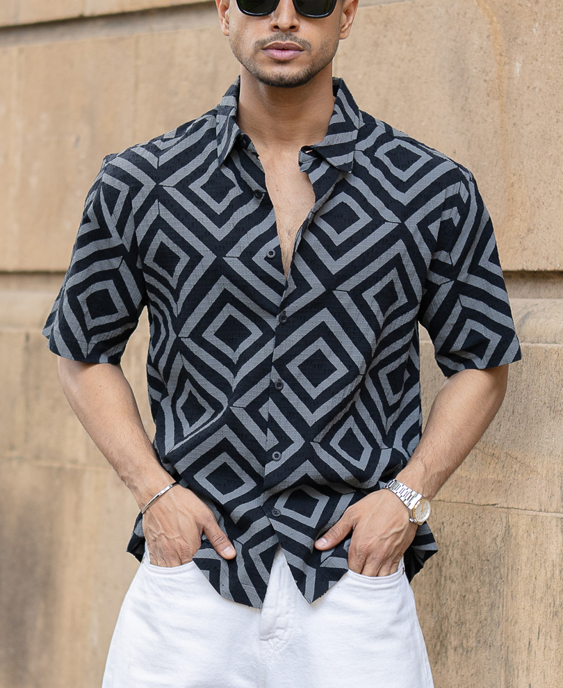 black-geometric-print-shirt