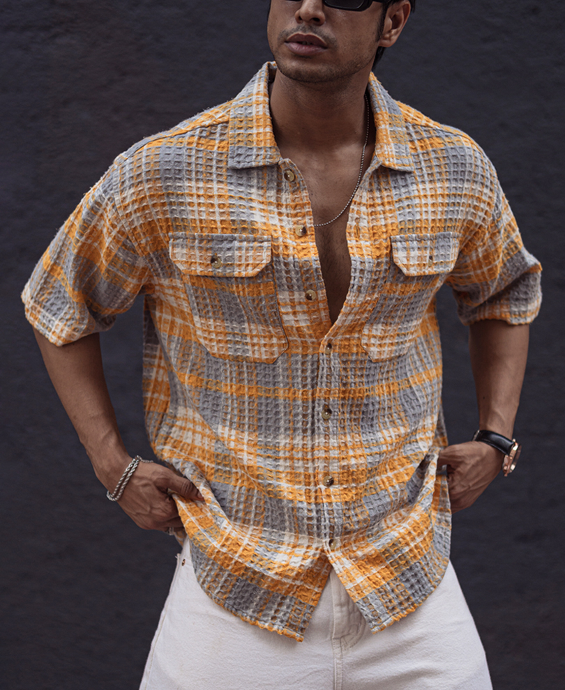 yellow-and-grey-structured-checks-oversized-half-sleeves-shirt