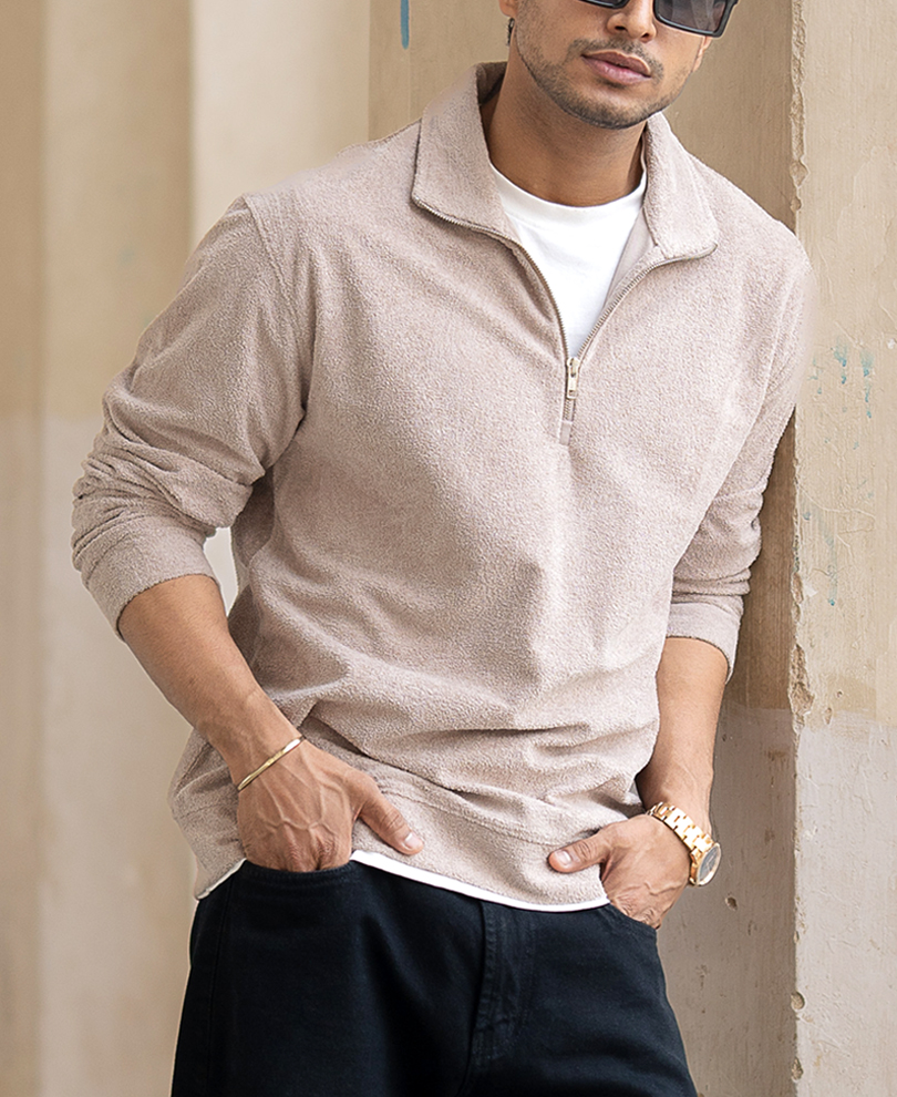 beige-quarter-zip-regular-fit-polo-t-shirt