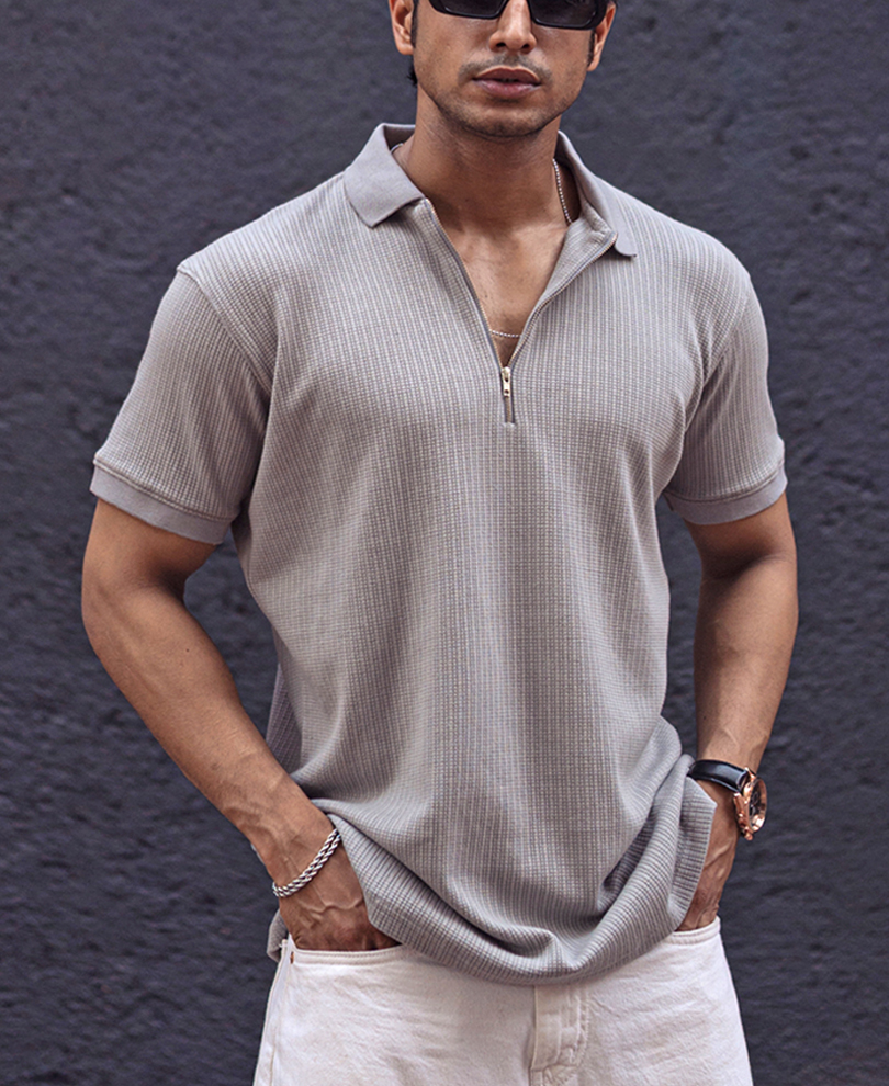 grey-structured-regular-fit-half-sleeves-zipper-t-shirt